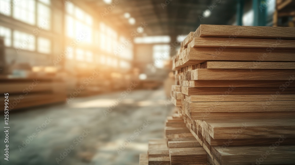 Obraz premium A rustic image showcasing stacks of wooden planks bathed in soft sunlight, symbolizing craftsmanship and the beauty of natural materials in an industrial setting.