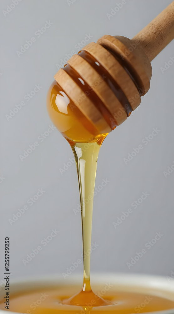 A single droplet of honey falls from a wooden dipper, suspended in mid-air, against a light grey backdrop highlighting its golden color and smooth texture A single droplet of honey falls from a wooden dipper, suspended in mid-air, against a light grey backdrop highlighting its golden color and smooth texture