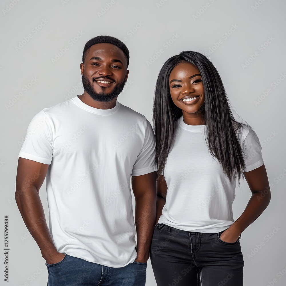 Fototapeta premium Diverse Young Couple in White T-Shirts Smiling Against Light Background