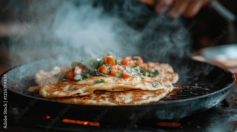 This image showcases a steaming pan with fluffy pancakes topped with fresh vegetables, highlighting the fusion of gourmet cooking and fresh ingredients. This image showcases a steaming pan with fluffy pancakes topped with fresh vegetables, highlighting the fusion of gourmet cooking and fresh ingredients.