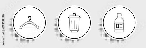 Set line Bottle for cleaning agent, Hanger wardrobe and Trash can icon. Vector