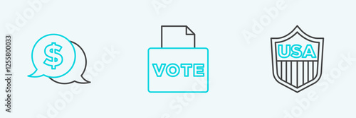 Set line Shield with stars, Coin money dollar and Vote box icon. Vector