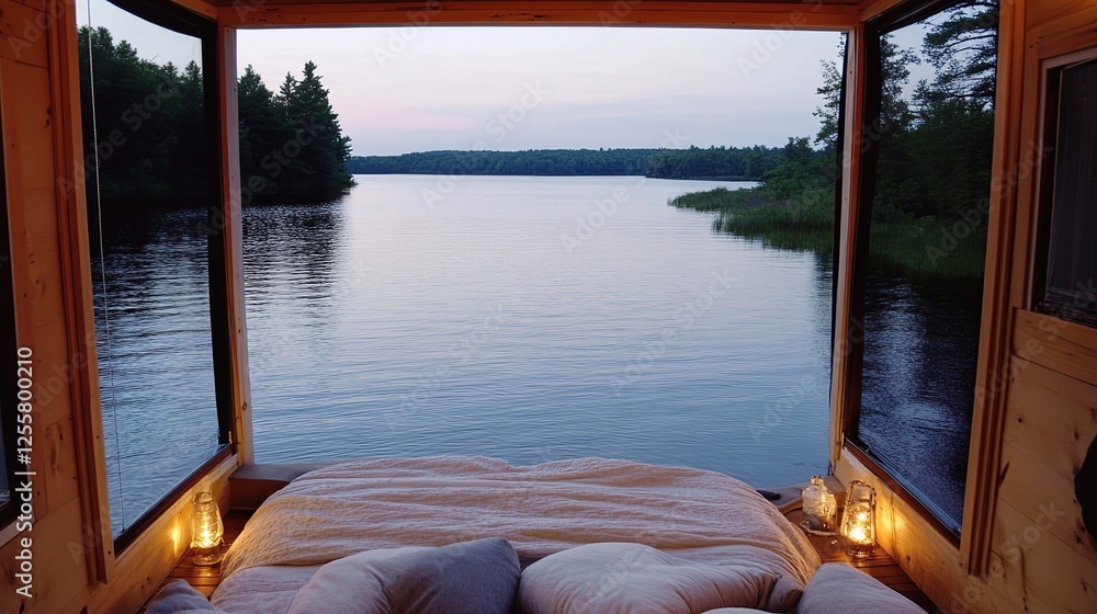 Fototapeta premium Lakeside cabin sunset view, bed, calm water