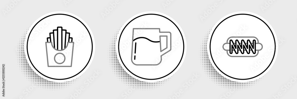 Set line Hotdog sandwich, Potatoes french fries in box and Wooden beer mug icon. Vector