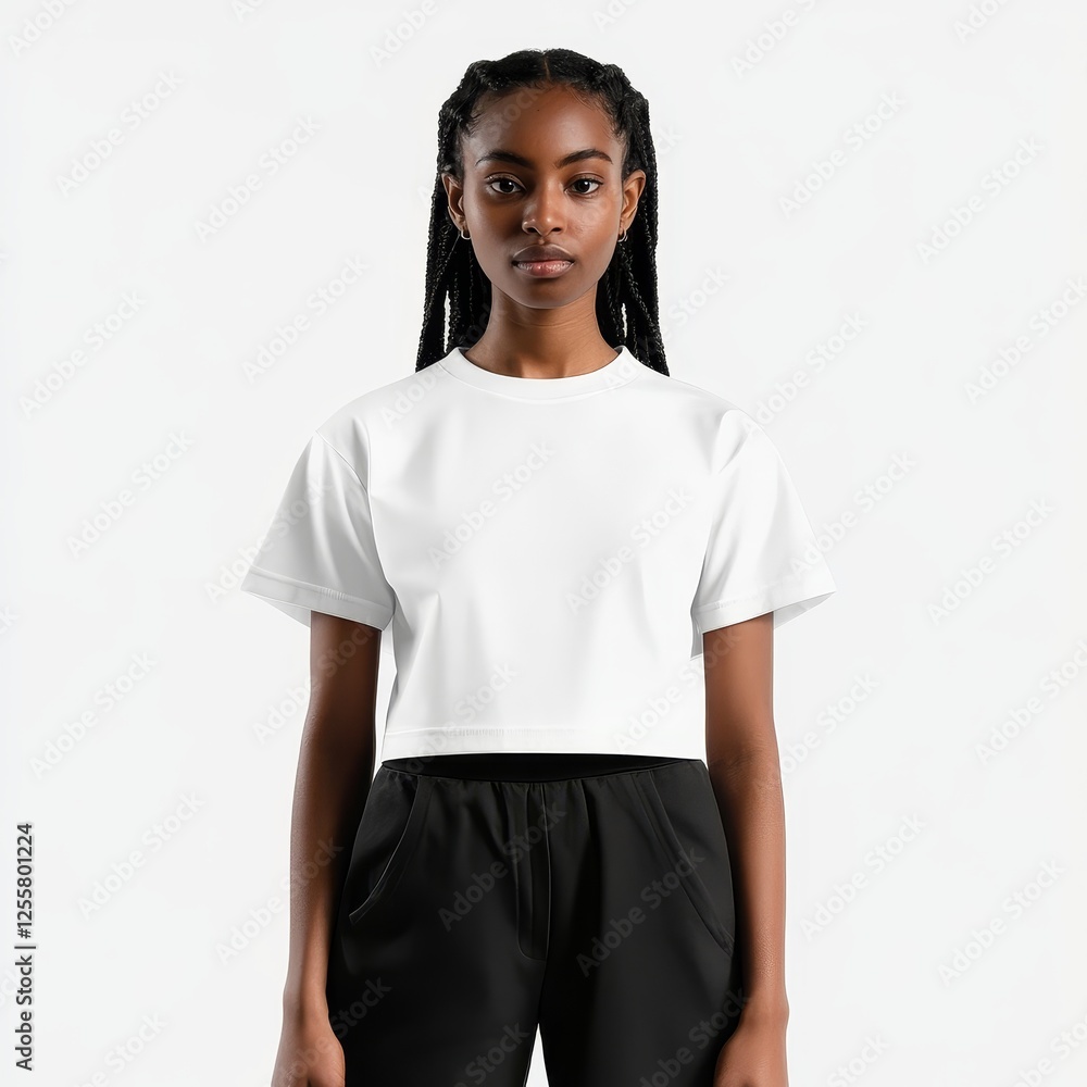 Young Woman in Sporty Outfit Posing Elegantly Against a White Background Young Woman in Sporty Outfit Posing Elegantly Against a White Background