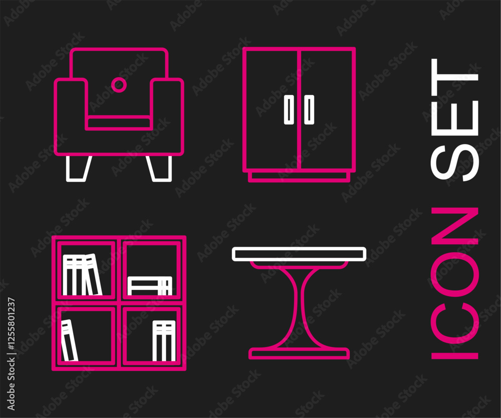 Set line Round table, Shelf with books, Wardrobe and Armchair icon. Vector Set line Round table, Shelf with books, Wardrobe and Armchair icon. Vector