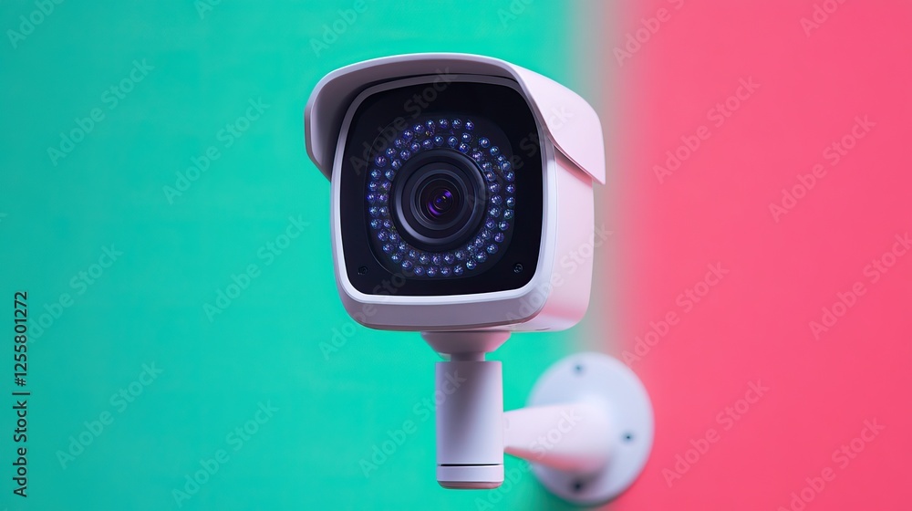 A modern security camera mounted on a wall, set against a vibrant colored background that contrasts with its sleek design. A modern security camera mounted on a wall, set against a vibrant colored background that contrasts with its sleek design.