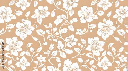 Elegant Floral Pattern with White Blooms on Light Brown Background