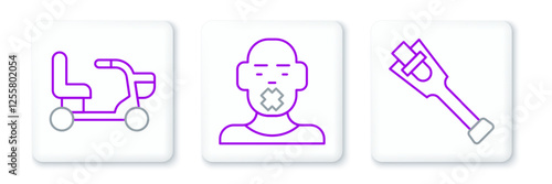Set line Prosthesis leg, Electric wheelchair and Head of deaf and dumb icon. Vector