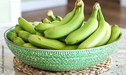 Green bananas in a bowl on a kitchen counter