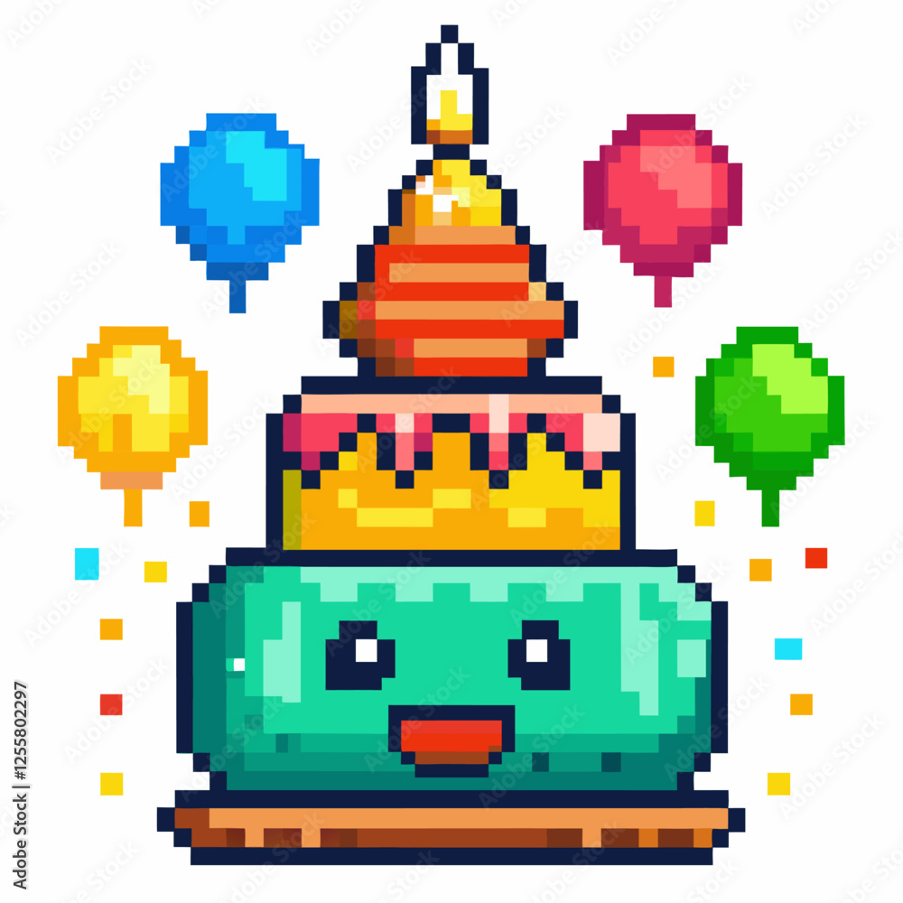 Naklejka premium Retro Pixel Art Birthday Cake with Colorful Balloons and Candle