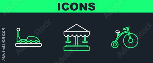 Set line Vintage bicycle with one big wheel and one small, Bumper car and Attraction carousel icon. Vector