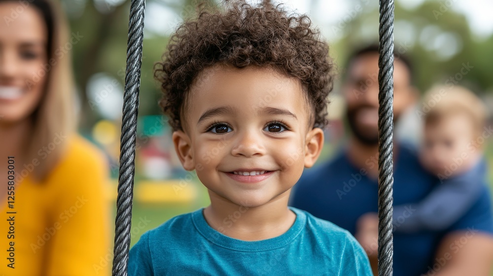 Joyful Child on Swing Smiling at Camera with Family in Background Outdoors Joyful Child on Swing Smiling at Camera with Family in Background Outdoors