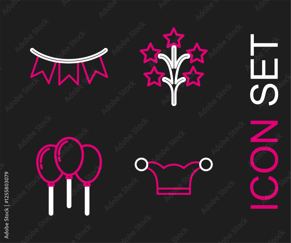 Set line Jester hat with bells, Balloons ribbon, Fireworks and Carnival garland flags icon. Vector