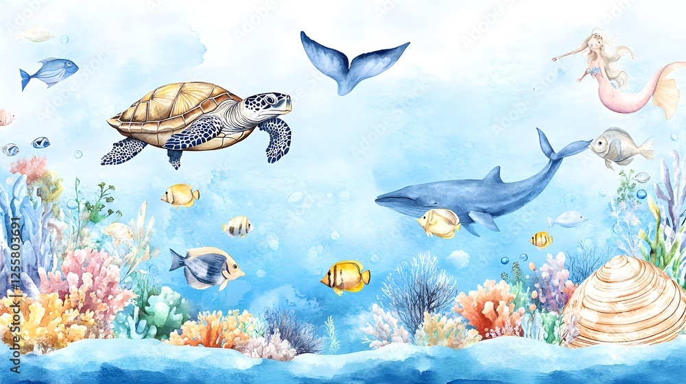 Naklejka premium Watercolor painting shows a vibrant and lively ocean scene