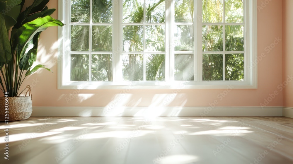 The image depicts a bright room with large windows and soft pink walls, allowing sunlight to flood in and showcasing lush greenery just outside. The image depicts a bright room with large windows and soft pink walls, allowing sunlight to flood in and showcasing lush greenery just outside.
