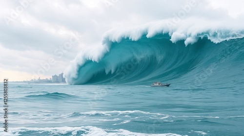 Massive ocean wave crashing near a small boat with city skyline in the background, dramatic scene
