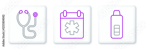 Set line Digital thermometer, Stethoscope and Doctor appointment icon. Vector