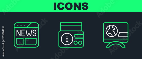 Set line Breaking news, News and on radio channel icon. Vector