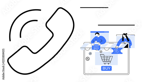 Large phone receiver icon hinting at customer support, people interacting with e-commerce website features. Ideal for online shopping, e-commerce, customer service, marketing, sales, tech support