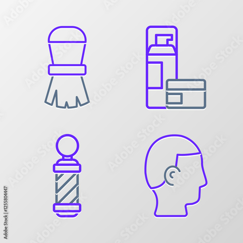 Set line Hairstyle for men, Classic Barber shop pole, Shaving gel foam and brush icon. Vector