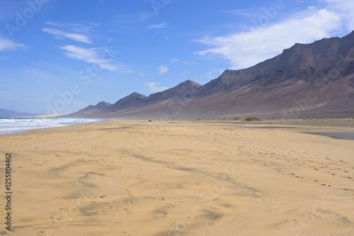 Endless lonely sand beach of Cofete, volcanic hills in the background and roaring atlantic. Fuerteventura, Canary Islands, Spain	 photo