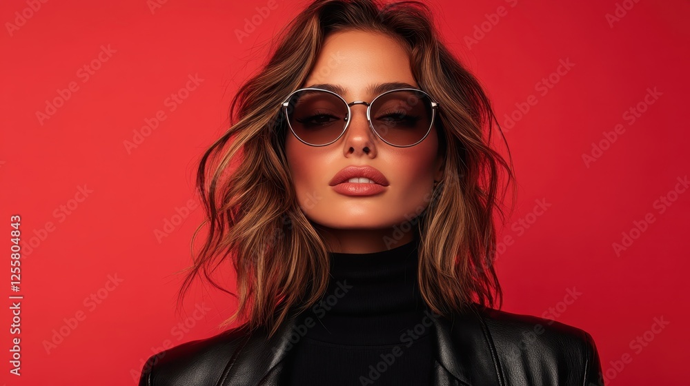 This stunning image features a fashionable model wearing stylish round sunglasses, highlighted against a vibrant red background, showcasing modern aesthetic appeal. This stunning image features a fashionable model wearing stylish round sunglasses, highlighted against a vibrant red background, showcasing modern aesthetic appeal.