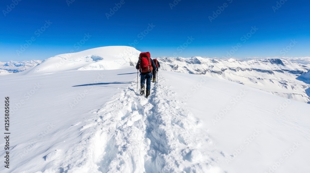 Hikers Traverse Snowy Peak Under Clear Blue Sky in Majestic Winter Landscape Hikers Traverse Snowy Peak Under Clear Blue Sky in Majestic Winter Landscape