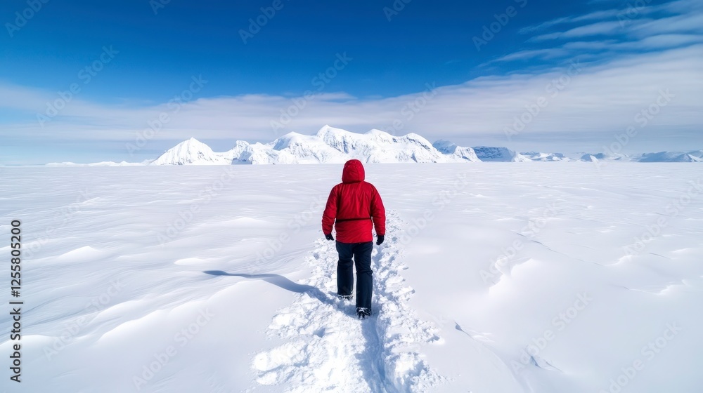 Adventurer Walking on Snowy Terrain with Majestic Mountains in Background Adventurer Walking on Snowy Terrain with Majestic Mountains in Background