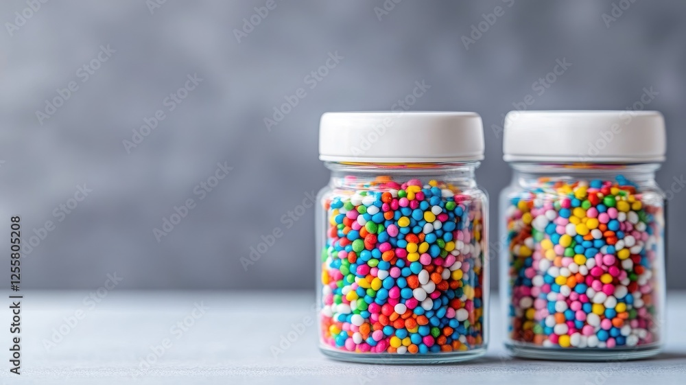 Two jars filled with colorful candy sprinkles against blurred background Two jars filled with colorful candy sprinkles against blurred background