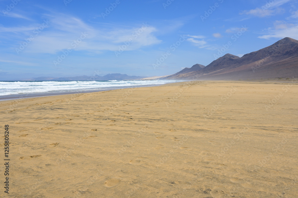 Panorama of the endless lonely nature sand beach of playa Cofete, no people, volcanic hills in the background and roaring atlantic. Fuerteventura, Canary Islands, Spain Panorama of the endless lonely nature sand beach of playa Cofete, no people, volcanic hills in the background and roaring atlantic. Fuerteventura, Canary Islands, Spain