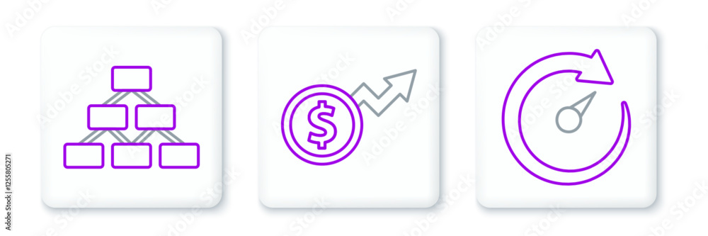 Set line Digital speed meter, Hierarchy organogram and Financial growth dollar icon. Vector Set line Digital speed meter, Hierarchy organogram and Financial growth dollar icon. Vector