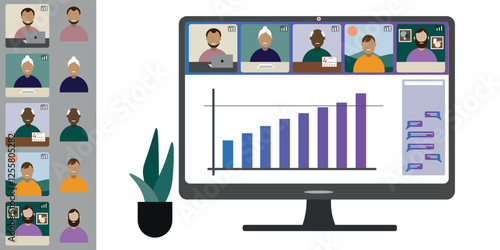 Video call conference, working from home. Colleagues of different nationalities and ages talk to each other on computer screen. Isolated illustration on white background in flat style trendy colors