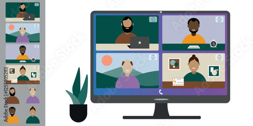 Video call conference, working from home. Colleagues of different nationalities and ages talk to each other on computer screen. Isolated illustration on white background in flat style trendy colors
