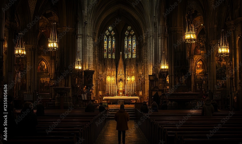 Lone visitor admiring altar in dimly lit gothic church interior Lone visitor admiring altar in dimly lit gothic church interior