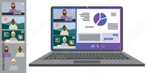 Video call conference, working from home. Colleagues of different nationalities and ages talk to each other on the laptop screen. Isolated illustration on white background in flat style trendy colors