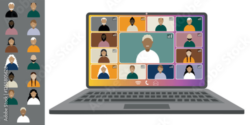 Video call conference, working from home. Colleagues of different nationalities and ages talk to each other on the laptop screen. Isolated illustration on white background in flat style trendy colors