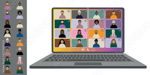 Video call conference, working from home. Colleagues of different nationalities and ages talk to each other on the laptop screen. Isolated illustration on white background in flat style trendy colors