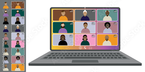 Video call conference, working from home. Colleagues of different nationalities and ages talk to each other on the laptop screen. Isolated illustration on white background in flat style trendy colors