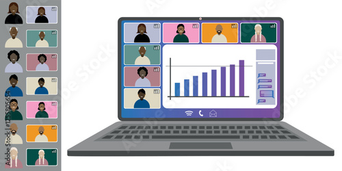 Video call conference, working from home. Colleagues of different nationalities and ages talk to each other on the laptop screen. Isolated illustration on white background in flat style trendy colors