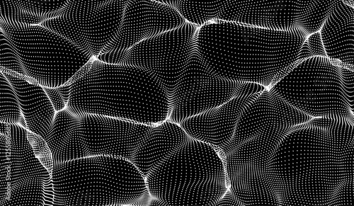 Vector abstract wave of white dots on a black background. Dynamic digital landscape with flowing motion, futuristic aesthetics, and technology design.