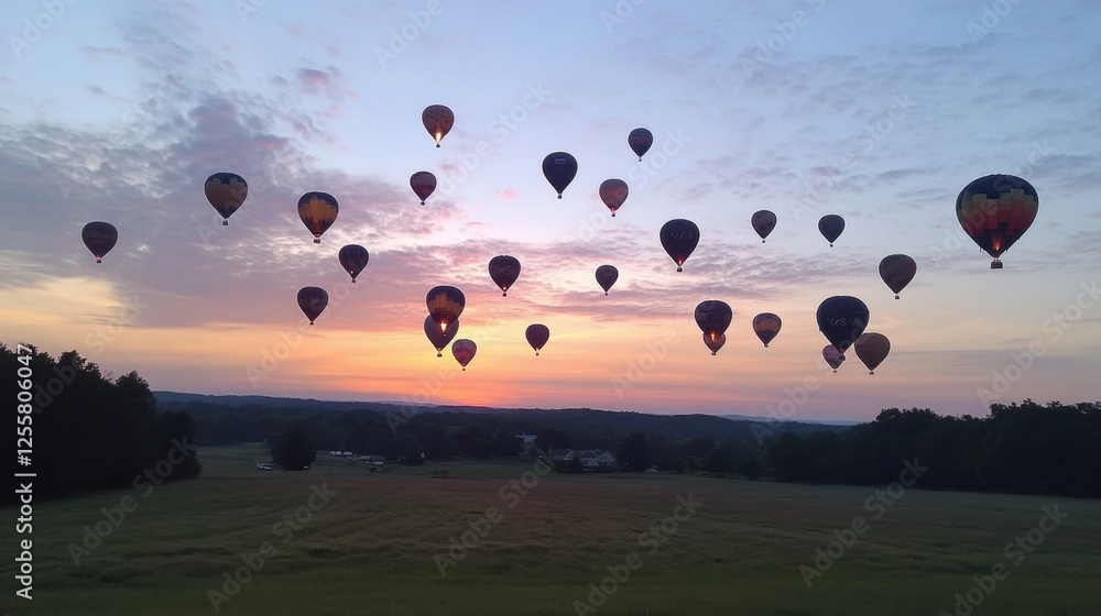 A sky full of hot air balloons rising over a beautiful summer landscape at sunrise. A sky full of hot air balloons rising over a beautiful summer landscape at sunrise.