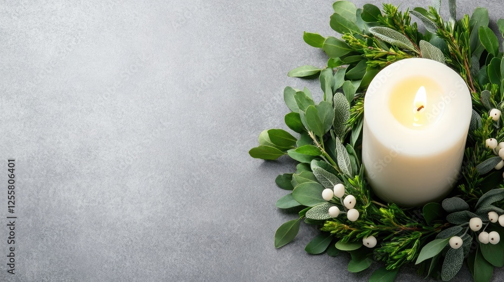 Lit white candle with green wreath on gray background Lit white candle with green wreath on gray background