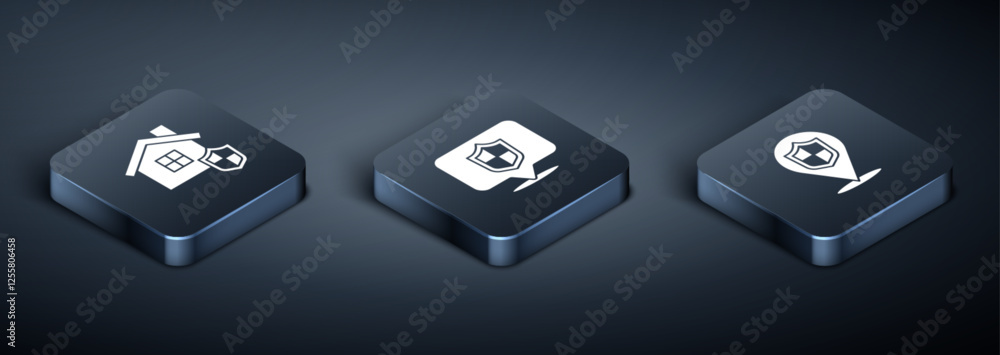 Set Isometric House with shield, Location and icon. Vector Set Isometric House with shield, Location and icon. Vector
