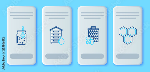 Set line Hive for bees, Bee and honeycomb, Jar of dipper stick and Honeycomb icon. Vector