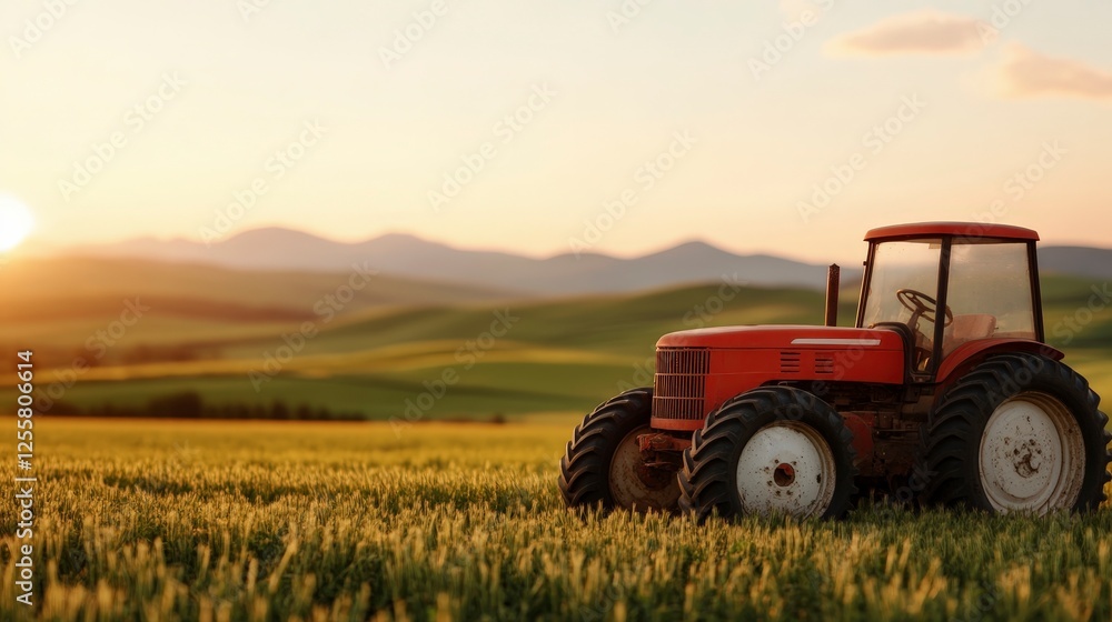Red Tractor in a Green Field at Sunset with Mountains in the Background Red Tractor in a Green Field at Sunset with Mountains in the Background
