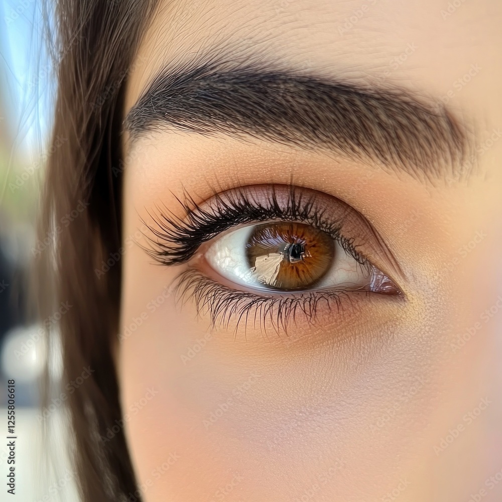 Fototapeta premium Close-up eye, brown iris, natural light, beauty, makeup