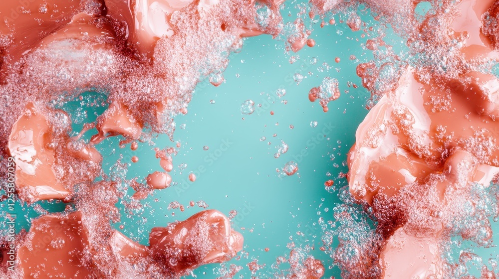 Fototapeta premium An artistic splash of coral hues contrasts against a bright turquoise backdrop, creating a vibrant and lively scene that captivates viewers with its energy.