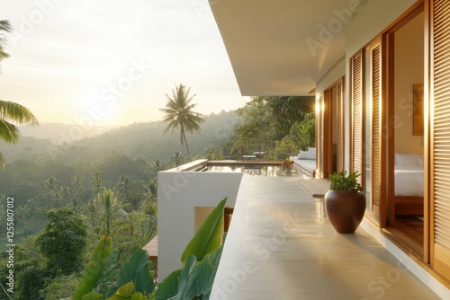 A guest waking up in a sunlit homestay bedroom with crisp white linens and a window view of nature photo