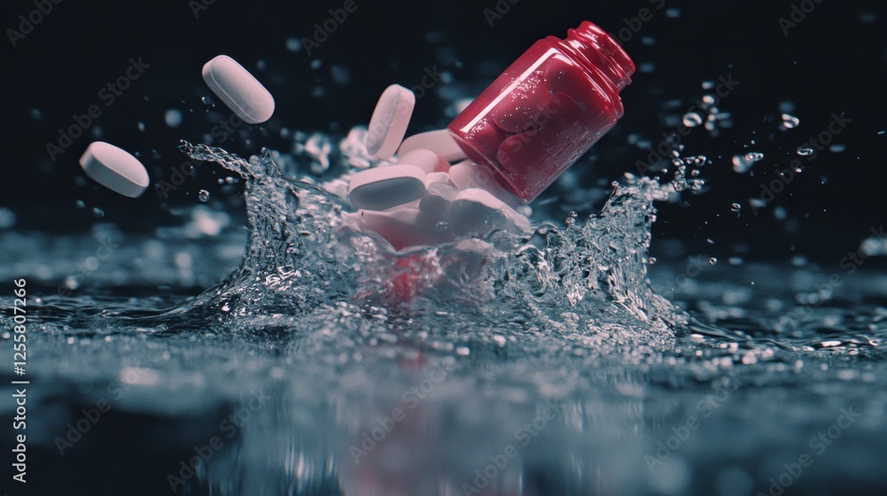 Fototapeta premium A slow-motion capture of a medicine bottle sinking, pills spilling out and catching the shimmering light.